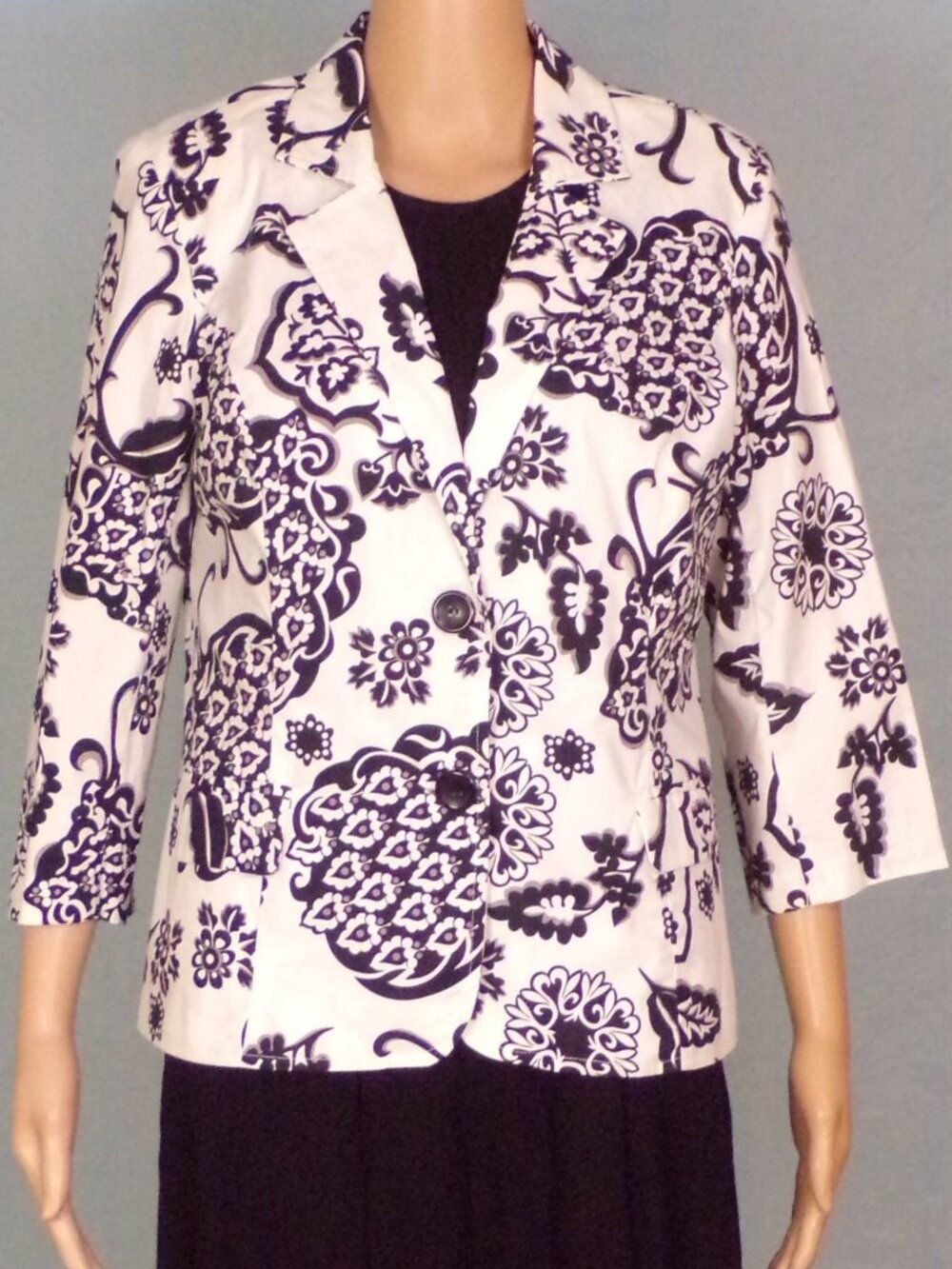 NOTATIONS size M black/white floral/botanical 3/4-sleeve blazer cotton/spandex